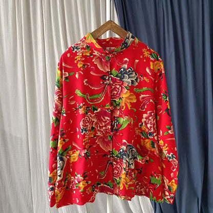 Camisa de lino y algodón de manga larga con bolsillos y diseño étnico de peonías rojas y flores de Mythstone 