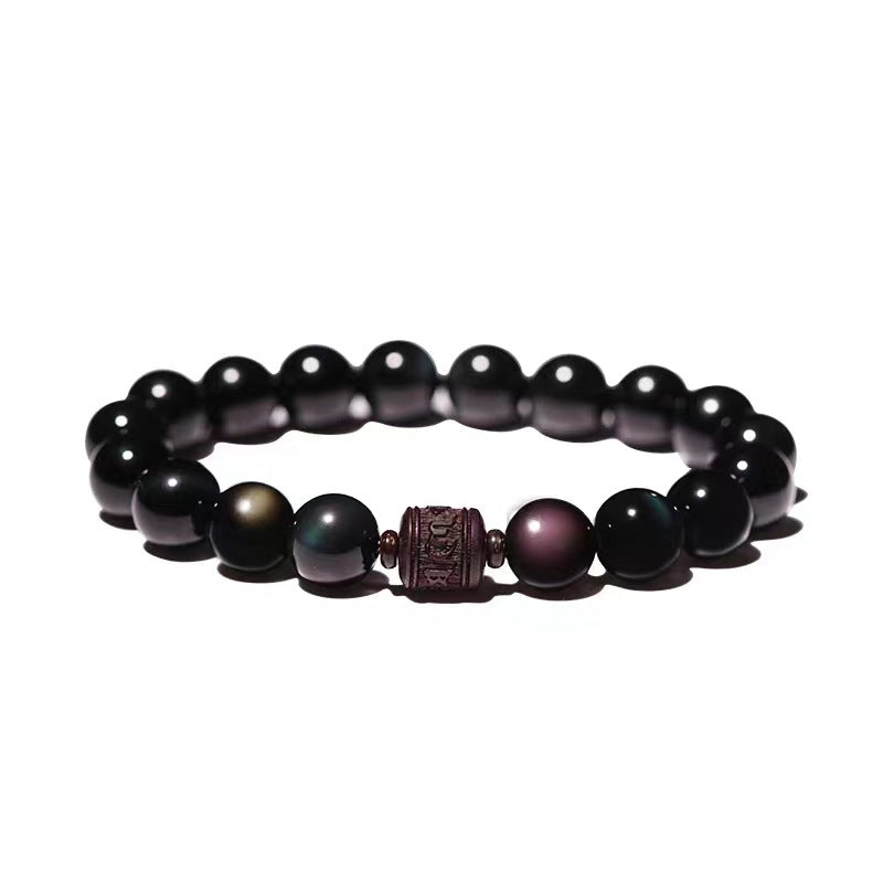 Pulsera curativa con personaje Om Mani Padme Hum Fu y obsidiana arcoíris con brillo dorado natural de Mythstone 