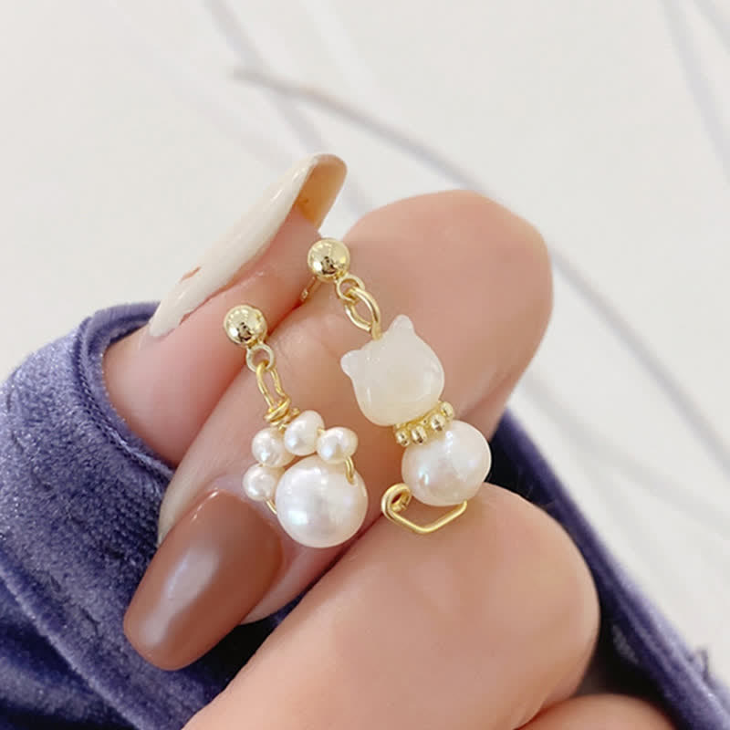 Mythstone Cute Cat Paw Pearl Wisdom Stud Drop Earrings