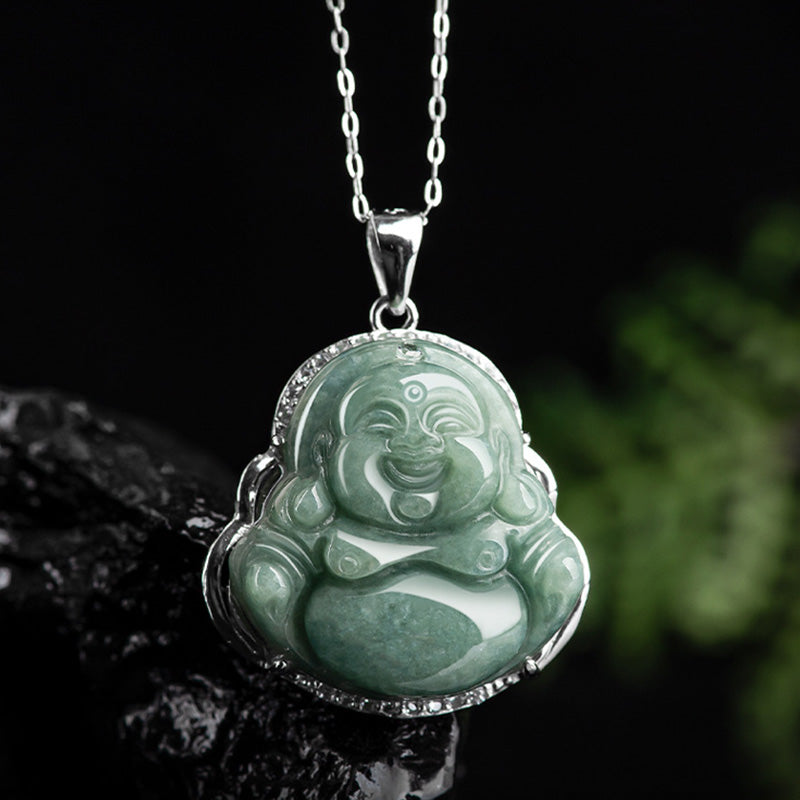 Mythstone 925 Sterling Silver Laughing Buddha Jade Abundance Necklace Chain Pendant