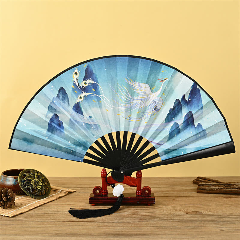 Mythstone Vintage Phoenix Nine-Tailed Fox Flower Bamboo Tiger Handheld Folding Fan Lotus Tassel Fan