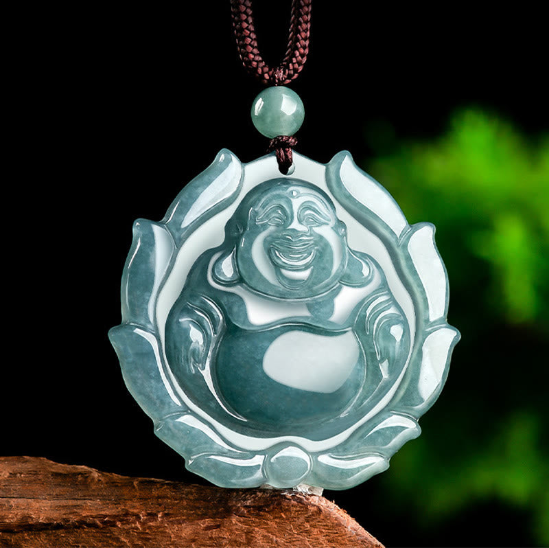 Colgante de collar con diseño de Buda sonriente de jade natural y loto de Mythstone