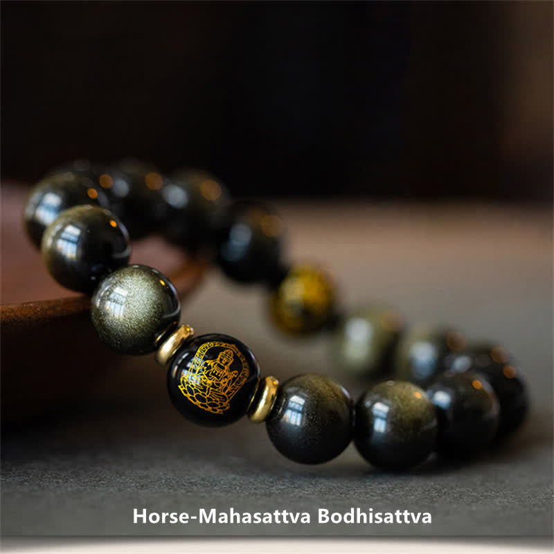 Mythstone Chinese Zodiac Natal Buddha Gold Sheen Obsidian Wealth Protection Bracelet