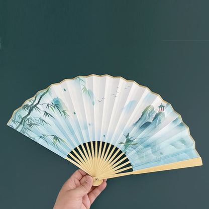 Mythstone Retro Lotus Flower Leaf Mountain Lake Handheld Folding Fan With Bamboo Frames