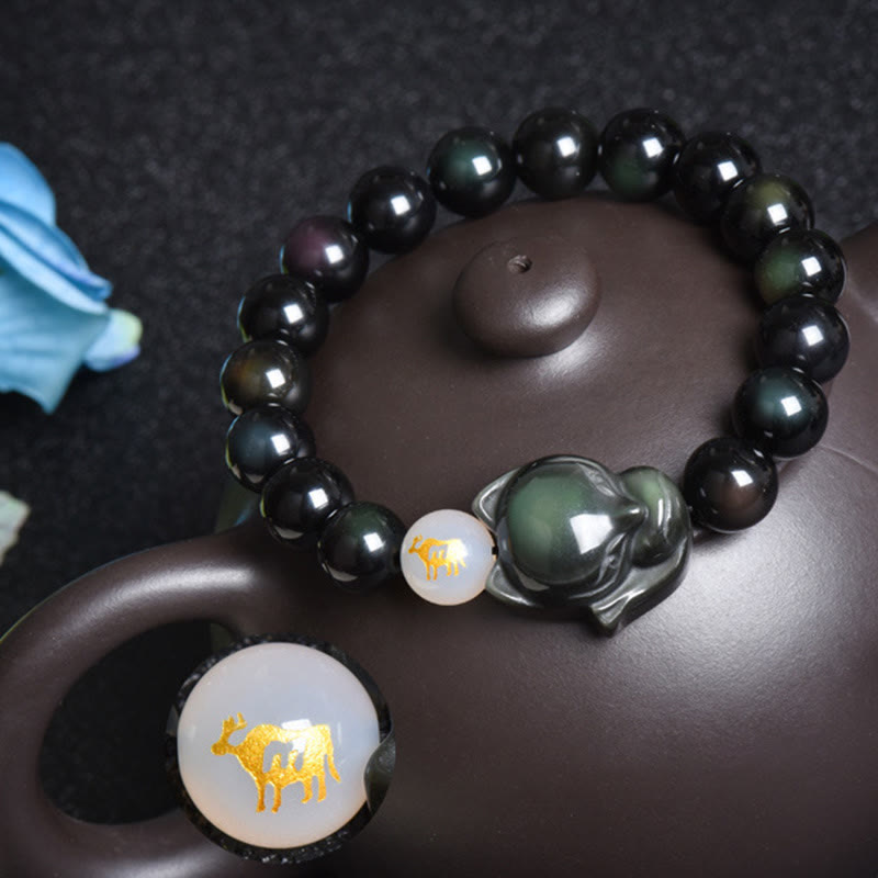 Mythstone Natural Rainbow Obsidian Gold Sheen Obsidian Silver Sheen Obsidian Fox Healing Bracelet