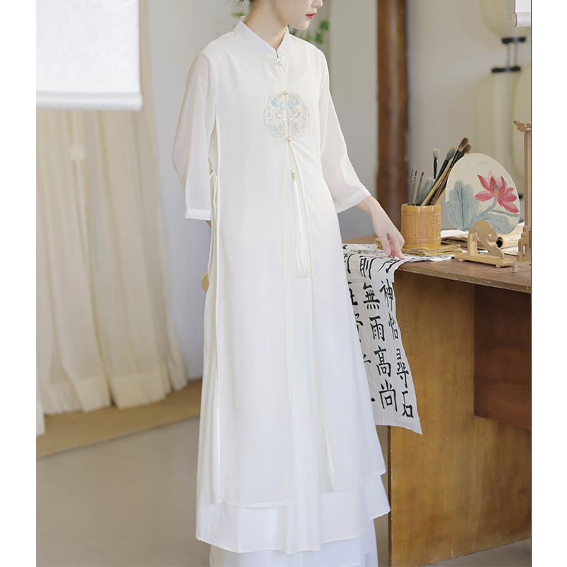 Mythstone Embroidery Chiffon Cheongsam Midi Dress Wide Leg Pants Meditation Zen Practice Clothing