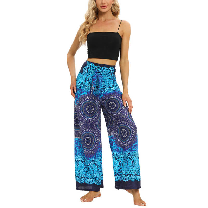 Mythstone Bohemian Mandala Flower Lace-up Wide Leg Pants Women's Yoga Pants