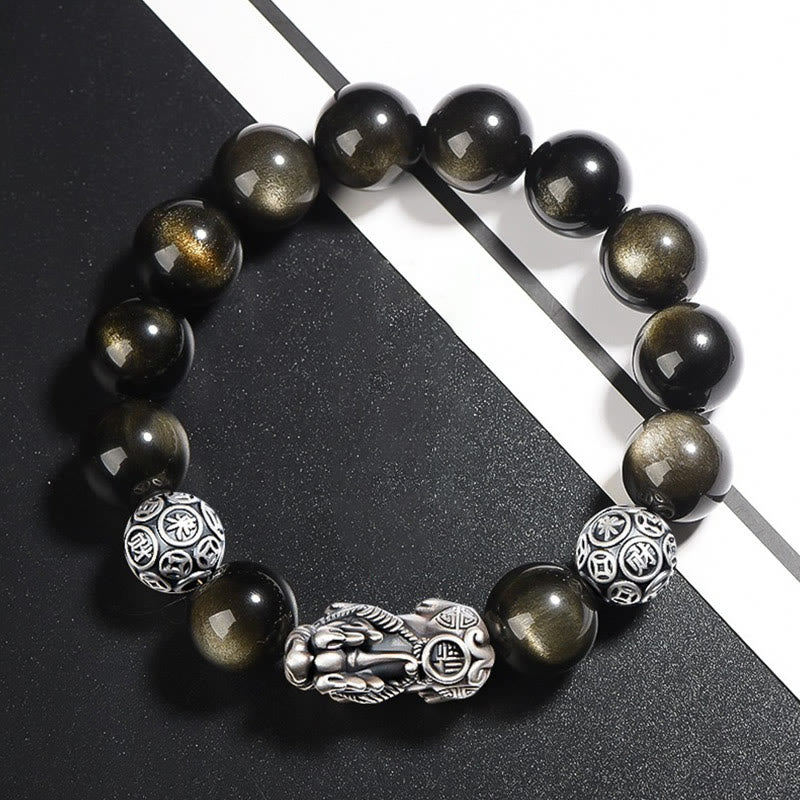 Mythstone 925 Sterling Silver Natural Gold Sheen Obsidian PiXiu Wealth Protection Bracelet