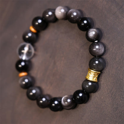 Pulsera protectora con cuentas de obsidiana de plata natural y brillo Om Mani Padme Hum de Mythstone