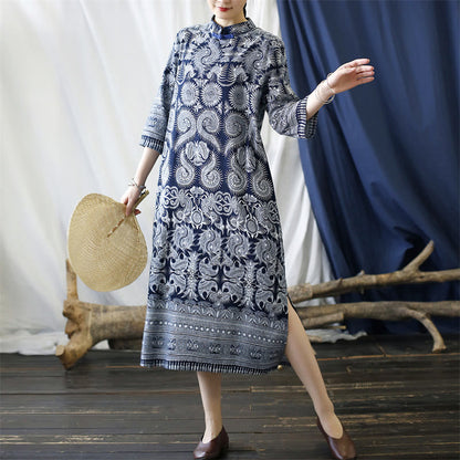 Mythstone Blue White Flower Frog-button Midi Dress Three Quarter Sleeve Linen Batik Dress With Pockets