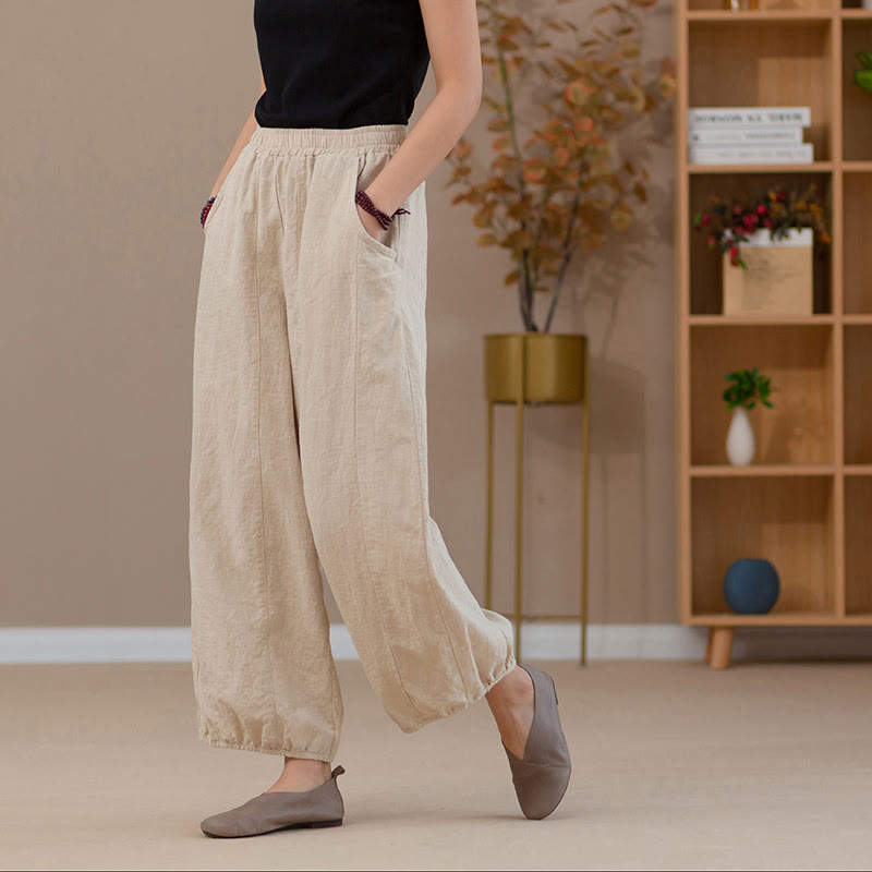 Mythstone Ramie Linen Flexible Waistband Yoga Harem Pants With Pockets