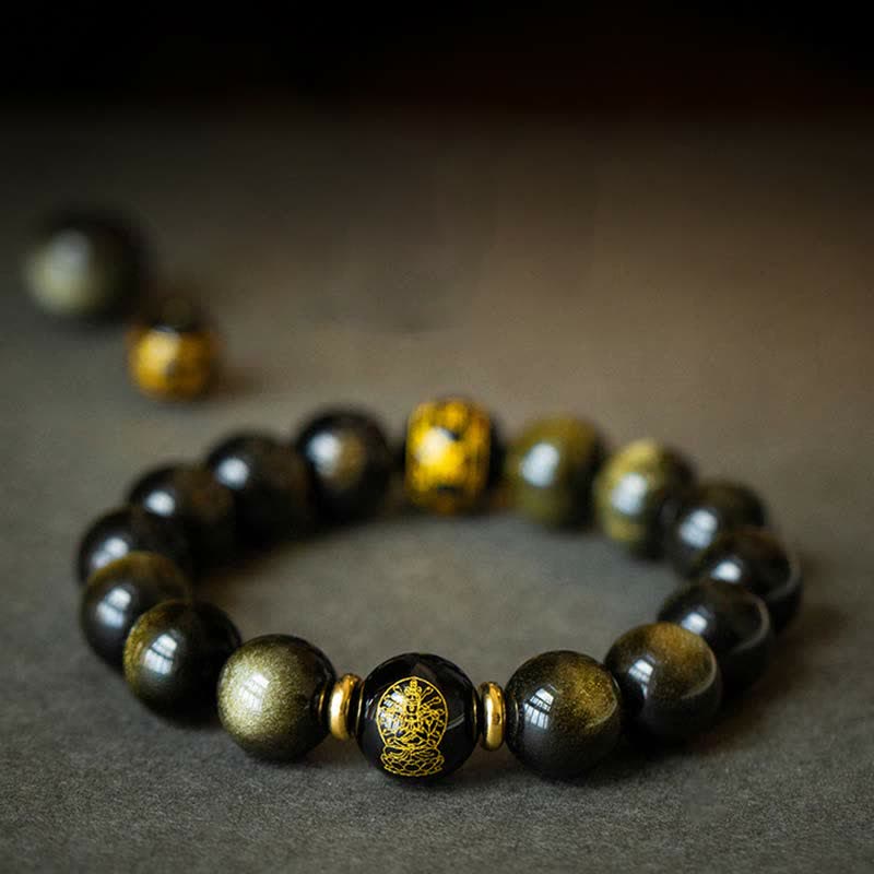 Mythstone Chinese Zodiac Natal Buddha Gold Sheen Obsidian Wealth Protection Bracelet