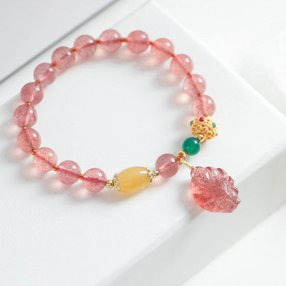 Mythstone Natural Strawberry Quartz Nine-Tailed Fox Healing Bracelet