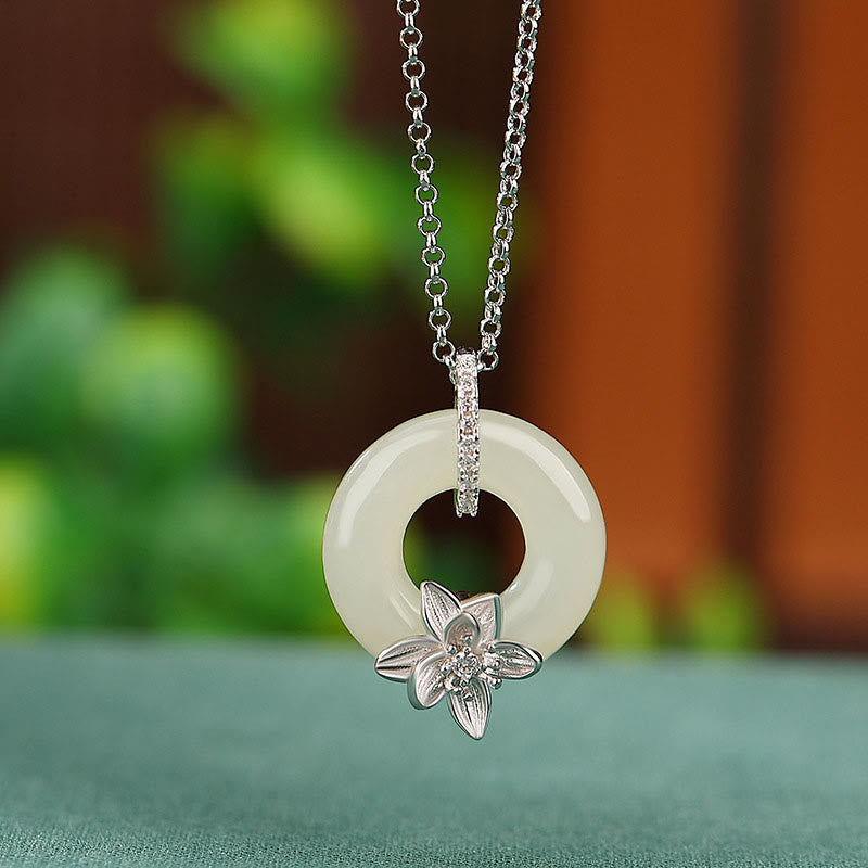 Mythstone 925 Sterling Silver Hetian Jade Peace Buckle Flower Luck Necklace Pendant