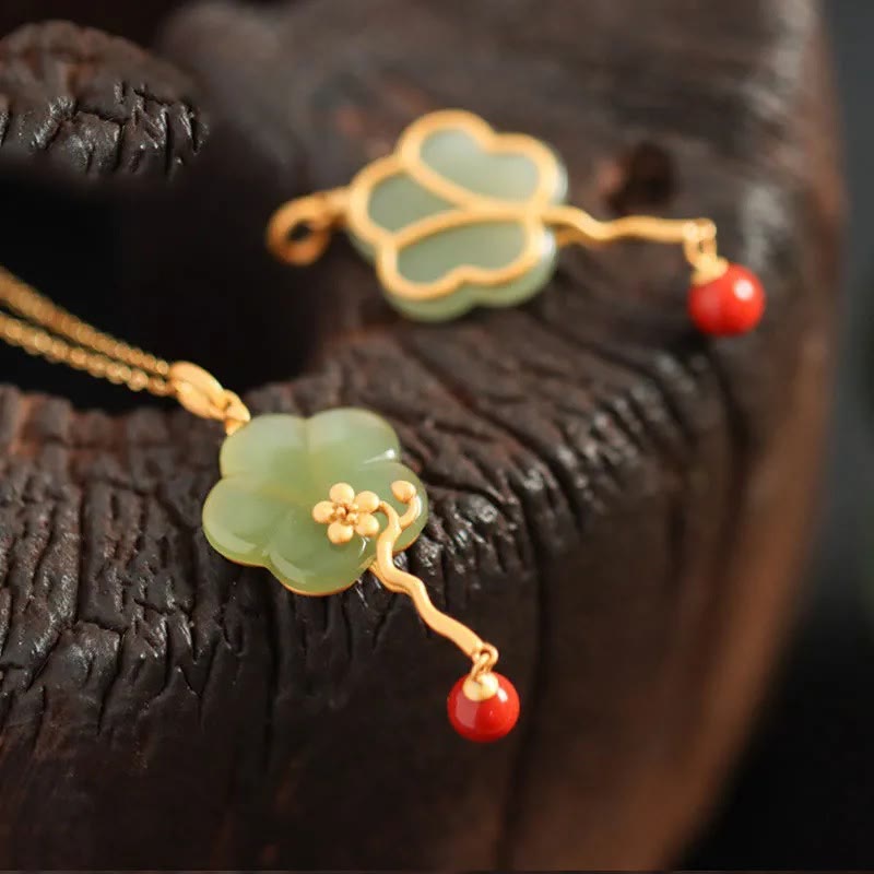 Mythstone Vintage Plum Blossom Flower Jade Red Agate Prosperity Necklace Pendant