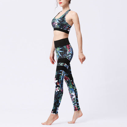 Mythstone 2Pcs Sunflower Flowers Leaves Print Top Pants Sports Fitness Yoga Women's Yoga Sets