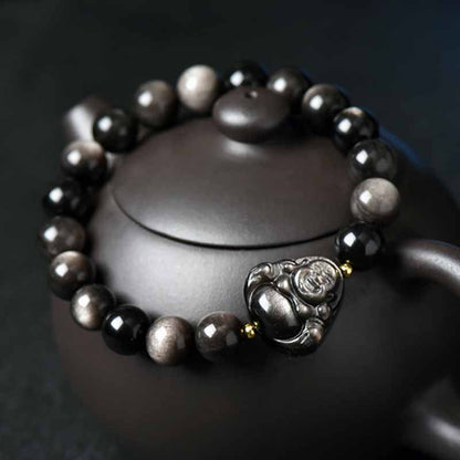 Mythstone Silver Sheen Obsidian Lotus Flower Nine Tailed Fox Laughing Buddha Protection Bracelet