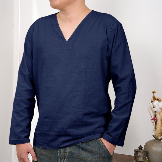 Mythstone Solid Color V-Neck Long Sleeve Cotton Linen Men's T-shirt