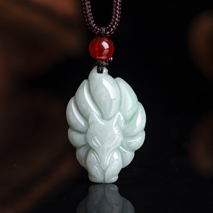 Mythstone Natural Jade Nine Tailed Fox Luck Prosperity Necklace Pendant