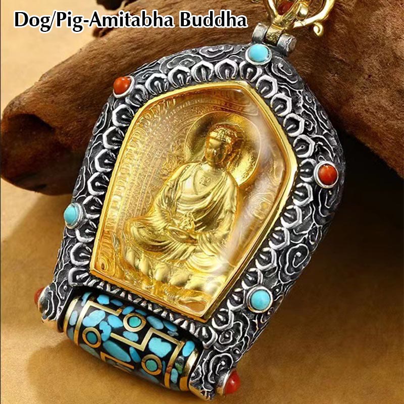 Mythstone Tibet Chinese Zodiac Natal Buddha Thangka Prosperity Rotatable Dzi Bead Necklace Pendant