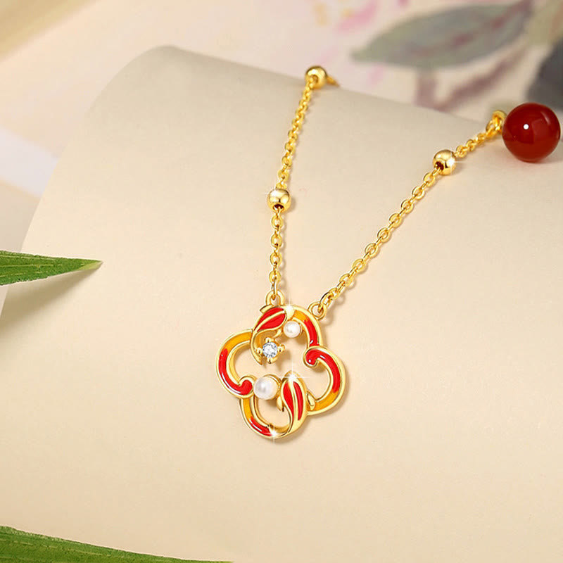 Mythstone 925 Sterling Silver Four Leaf Clover Koi Fish Red Agate Pearl Wealth Bracelet Necklace Pendant Earrings Set