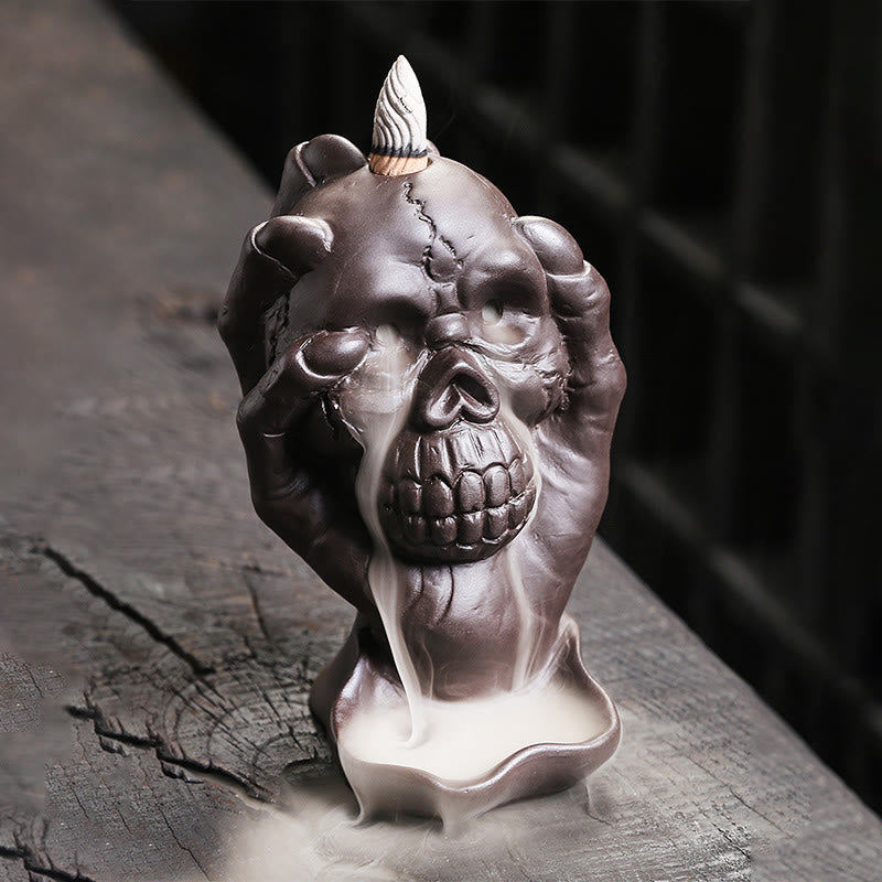 Mythstone Halloween Skull With Ghost Hand Purple Clay Spiritual Incense Burner Decoration