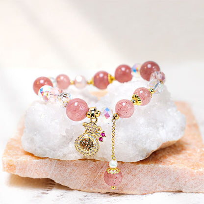 Mythstone Natural Strawberry Quartz Crystal Money Bag Charm Positive Bracelet