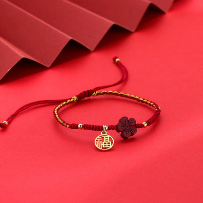 Mythstone Cinnabar Flower Fu Character Blessing Braided String Bracelet