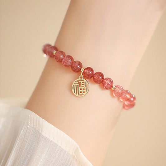 Mythstone 14K Gold Plated Strawberry Quartz Fu Character Healing Charm Bracelet