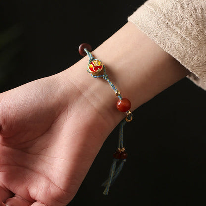 Mythstone Handmade Auspicious Clouds Hetian Jade Fu Character Luck Fortune Rope Bracelet