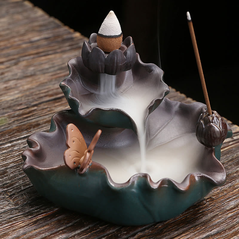 Mythstone Lotus Flower Leaf Frog Butterfly Pattern Healing Ceramic Incense Burner Decoration