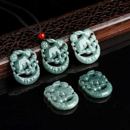 Year of the Rabbit Jade Luck Crescent Mooon Necklace Pendant