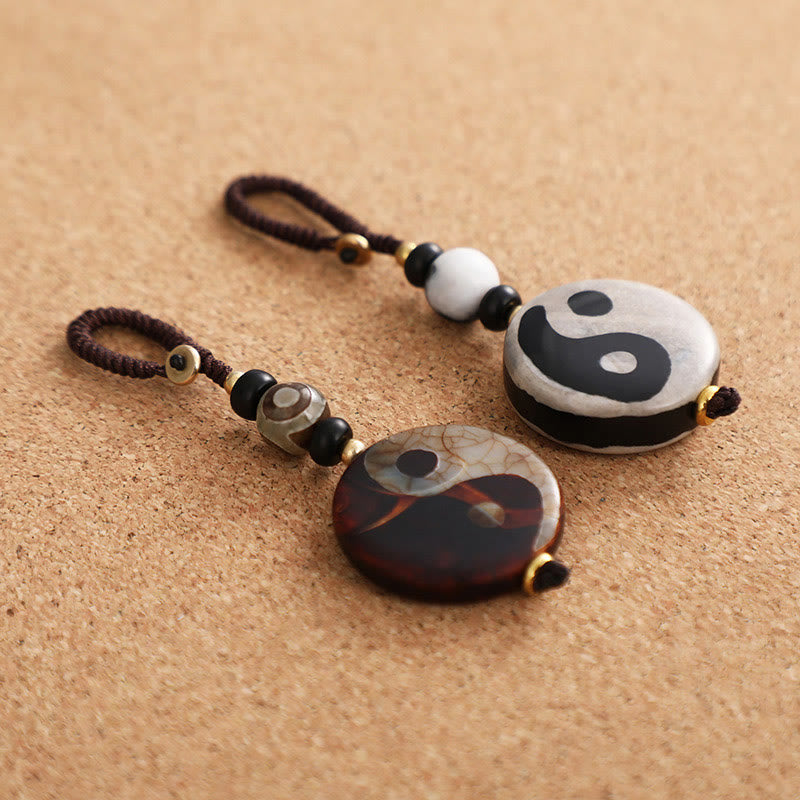 Mythstone Natural Agate Yin Yang Dzi Bead Balance Keychain