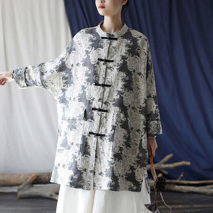 Mythstone Black Gray Beige Print Frog-button Design Long Sleeve Cotton Linen Jacket Shirt With Pockets