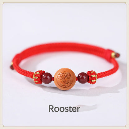 Mythstone Natural Peach Wood Chinese Zodiac Fu Character Carved Cinnabar Wealth Bracelet