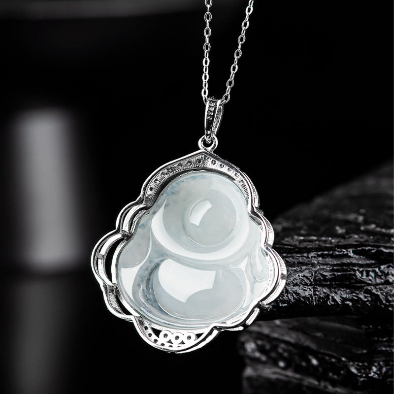 Mythstone 925 Sterling Silver Laughing Buddha Natural Jade Abundance Necklace Pendant