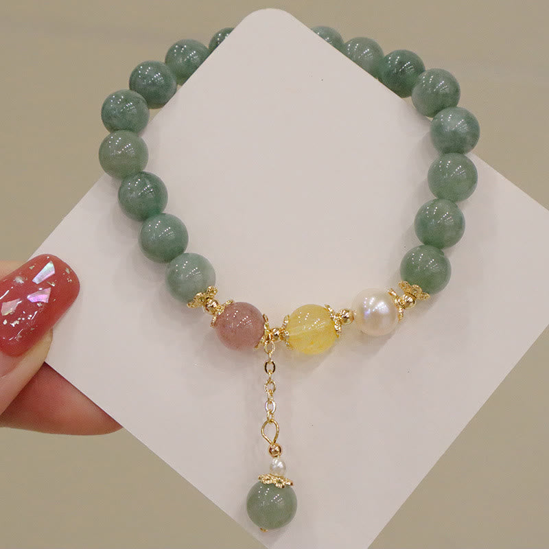 Pulsera con amuleto de la suerte y la abundancia de cuarzo fresa y perla de jade Mythstone