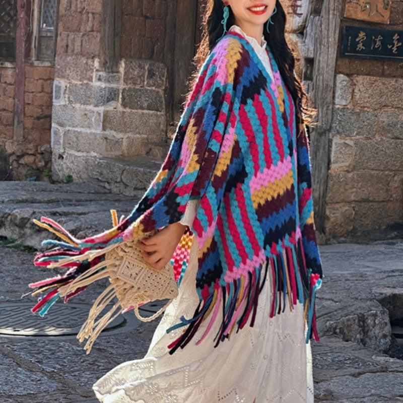 Mythstone Tibetan Shawl Candy Color Braided Pattern Winter Cozy Travel Knitted Tassel Scarf Wrap