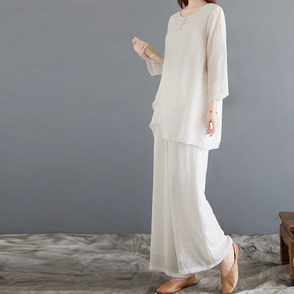 Mythstone 2Pcs Frog-Button Long Sleeve Shirt Wide Leg Pants Meditation Cotton Linen Clothing