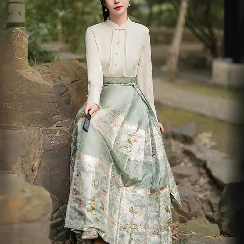 Falda con estampado de cara de caballo y jardín de melocotón verde Hanfu chino Mythstone Mamianqun