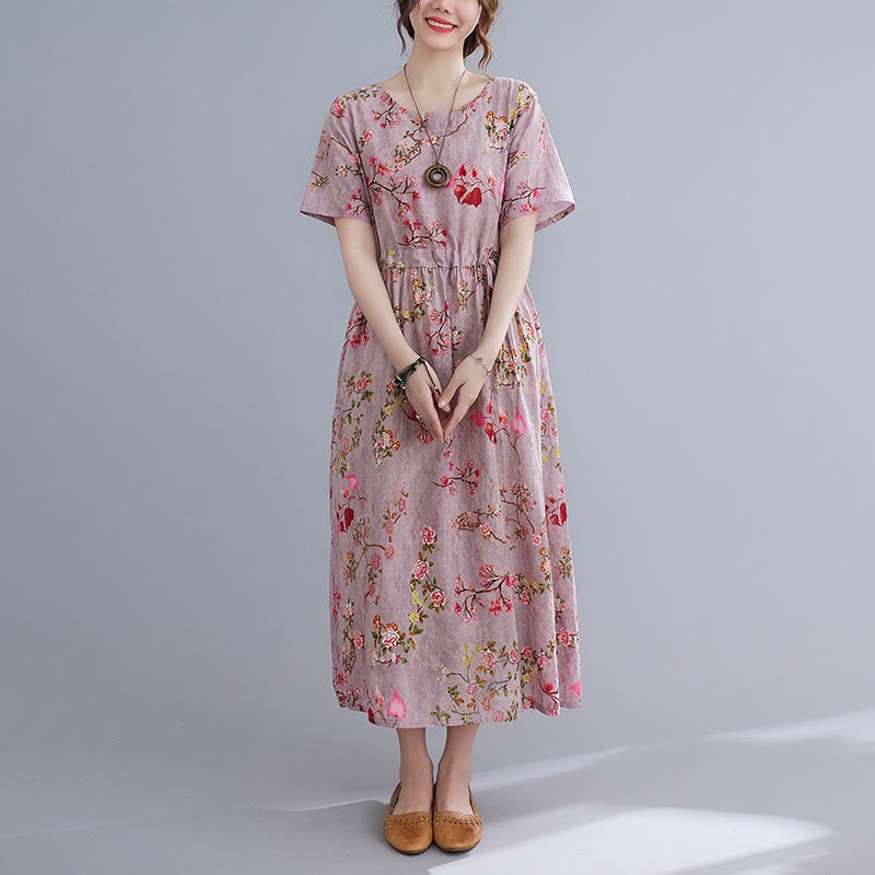 Mythstone Flowers Print Midi Dress Tunic Dress With Pockets