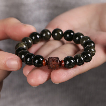 Pulsera curativa con personaje Om Mani Padme Hum Fu y obsidiana arcoíris con brillo dorado natural de Mythstone 