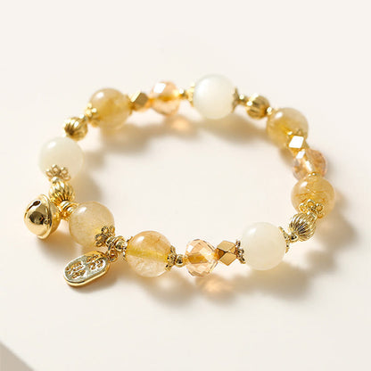 Mythstone 14K Gold Plated Golden Rutilated Quartz Wealth Bell Lucky Fortune Charm Bracelet