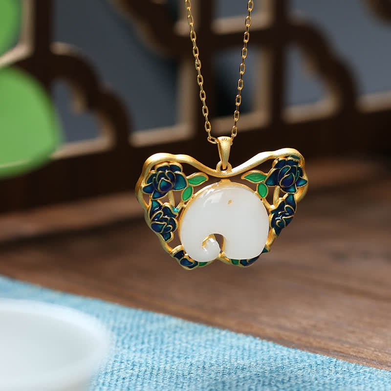 Mythstone White Jade Elephant Butterfly Lotus Success Necklace Chain Pendant