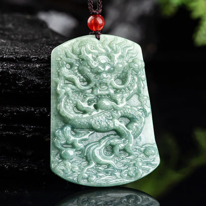 Mythstone Natural Jade Chinese Zodiac Dragon Sea Luck String Necklace Pendant