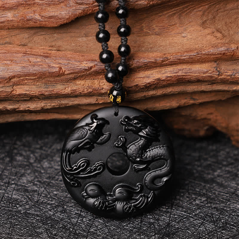 Mythstone Black Obsidian Dragon Phoenix Mandarin Duck Luck Protection Necklace Pendant