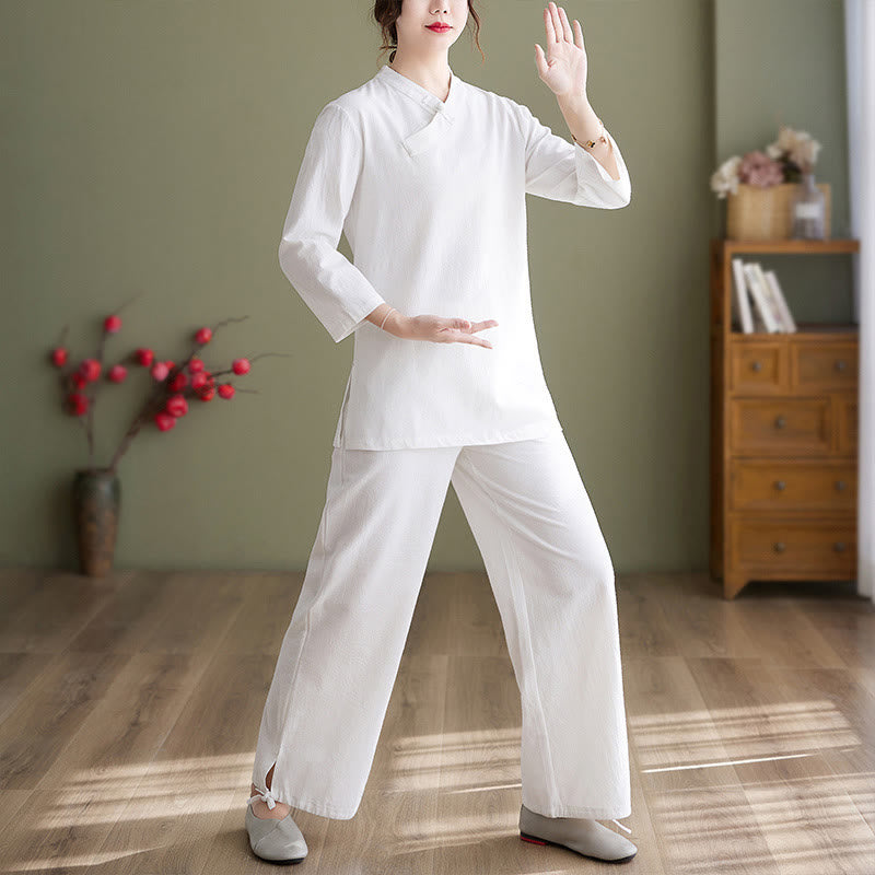 Mythstone 2Pcs Long Sleeve V-Neck Shirt Top Pants Meditation Zen Tai Chi Cotton Linen Clothing Women's Set