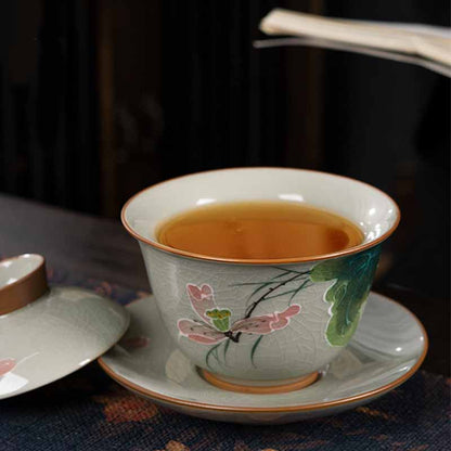 Mythstone Lotus Koi Fish Pod Leaf Ceramic Gaiwan Sancai Teacup Kung Fu Tea Cup And Saucer With Lid 140ml