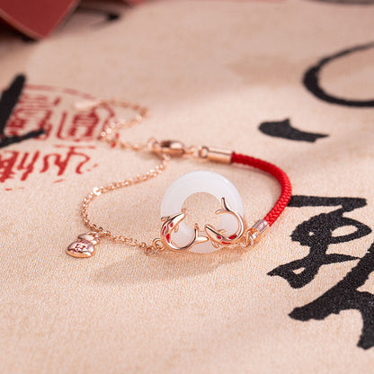 Mythstone White Jade Double Koi Fish Peace Buckle Attract Fortune Luck Charm Bracelet