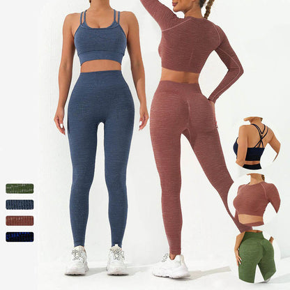 Conjunto de 2 piezas de sujetador sin mangas con estampado simple de Mythstone, top de manga larga, leggings y pantalones deportivos para mujer 